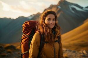 Beautiful woman hiker with backpack hiking in the mountains at sunset AI generated photo