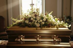 hermosa flores en un ataúd a un funeral ai generado foto