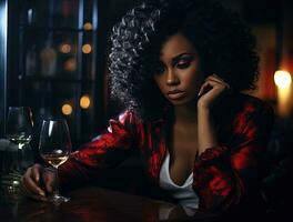 Black young beautiful woman drinking alcohol. Alcohol abuse social problem. AI Generative photo