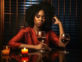 Black young beautiful woman drinking alcohol. Alcohol abuse social problem. AI Generative photo