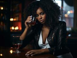Black young beautiful woman drinking alcohol. Alcohol abuse social problem. AI Generative photo