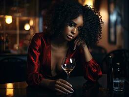 Black young beautiful woman drinking alcohol. Alcohol abuse social problem. AI Generative photo