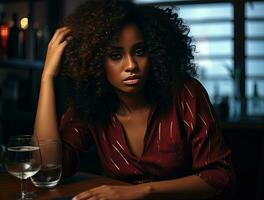 Black young beautiful woman drinking alcohol. Alcohol abuse social problem. AI Generative photo