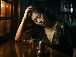 Asian young beautiful woman drinking alcohol. Alcohol abuse social problem. AI Generative photo