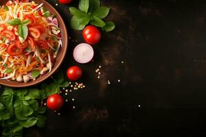 Thai food Som tum, Spicy green papaya salad.Top view AI generated photo