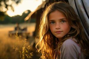 Portrait of cute little girl at camera while standing near camping tent at sunset AI generated photo