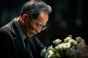 Elderly asian man with funeral sorrow and flowers in church AI generated photo