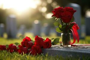 rojo rosas en un tumba a un cementerio durante el puesta de sol con Copiar espacio ai generado foto