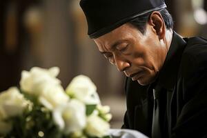 Elderly asian man with funeral sorrow and flowers in church AI generated photo