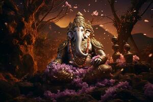 Hindu God Ganesha with flowers AI generated photo