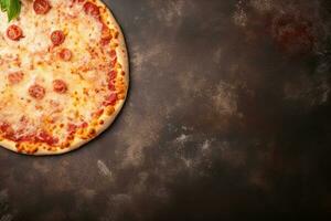 Pepperoni pizza on a Dark background. Top view with copy space. AI generated photo