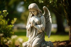 Angel statue with white roses in the cemetery.Religious background AI generated photo