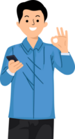 young man holding smartphone and showing ok gesture png