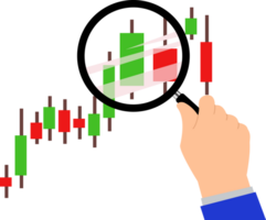 handelaar analytics concept. kaars stok handel tabel en een menselijk hand- Holding een vergroten glas. handel concept png