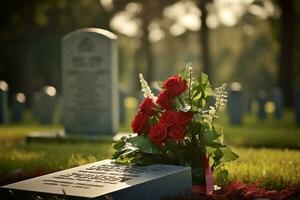 Red roses on a grave at a cemetery during the sunset with copy space AI generated photo