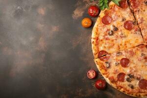 Pepperoni pizza on a Dark background. Top view with copy space. AI generated photo