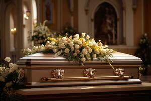 hermosa flores en un ataúd a un funeral ai generado foto