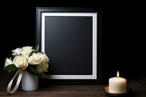 White roses with ribbon and photo frame on black background.Funeral Concept AI generated