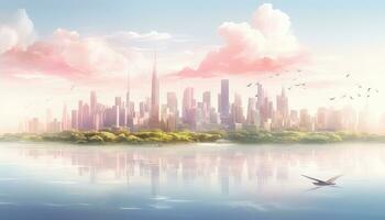 Floating in the Air Ethereal Nature and 3D Pastel Skyline AI generated photo