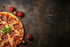 Pepperoni pizza on a Dark background. Top view with copy space. AI generated photo