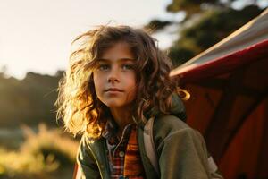 Portrait of cute little girl at camera while standing near camping tent at sunset AI generated photo