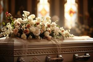 hermosa flores en un ataúd a un funeral ai generado foto