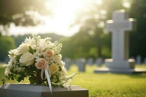 white flowers in front of a gravestone at a cemetery with sunset.Funeral Concept AI generated photo