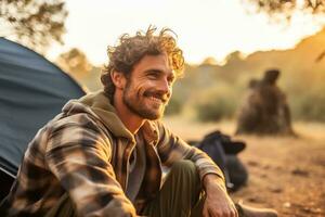 Portrait of man looking at camera while near camping tent at sunset AI generated photo