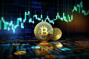 Golden Bitcoin on the background of the stock market chart. Cryptocurrency concept. AI generated photo