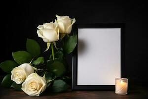 White roses with ribbon and photo frame on black background.Funeral Concept AI generated