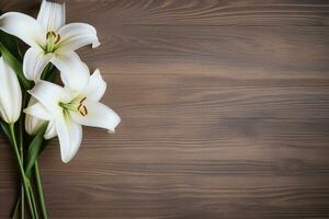 blanco lirio flores en de madera antecedentes. parte superior ver con Copiar espacio.funeral concepto ai generado foto