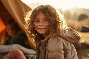 Portrait of cute little girl at camera while standing near camping tent at sunset AI generated photo