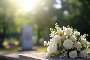 blanco flores en frente de un lápida sepulcral a un cementerio con atardecer.funeral concepto ai generado foto