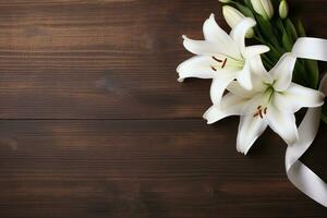 White lily flowers on wooden background. Top view with copy space.Funeral Concept AI generated photo