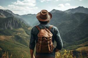 hipster viajero con mochila sentado en parte superior de un montaña y mirando a el valle. ai generado foto