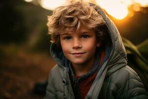 Portrait of a cute boy looking at camera while near his tent in nature AI generated photo