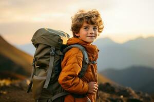 adorable pequeño chico con mochila excursionismo en montañas a puesta de sol. viaje y activo estilo de vida concepto ai generado foto