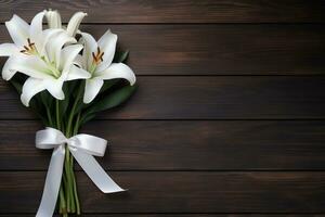 White lily flowers on wooden background. Top view with copy space.Funeral Concept AI generated photo