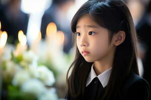 Portrait of a little asian girl with in the cemetery,Funeral Concept AI generated photo