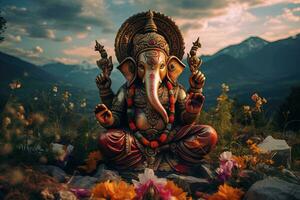 Hindu God Ganesha with flowers AI generated photo