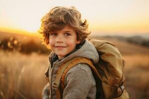 retrato de un linda chico mirando a cámara mientras cerca su tienda en naturaleza ai generado foto