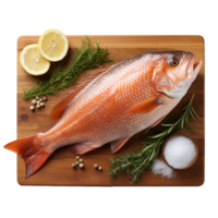 AI Generative fish on cutting wooden board  on transparent background , AI generative png