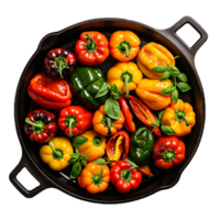 AI Generative Bellpeppers and Tomatoes in Iron Pan on transparent background , AI generative png