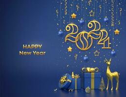Happy New 2024 Year. Hanging golden metallic numbers 2024 with stars, balls, confetti on blue background. Gift boxes, gold deer and metallic pine or fir, cone shape spruce trees. Vector illustration. photo
