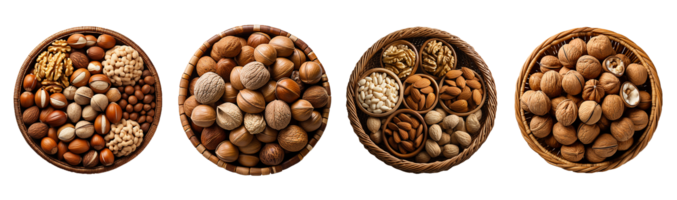 AI Generative set of nuts in wicker basket  on transparent background  AI generative png