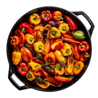 AI Generative Bellpeppers and Tomatoes in Iron Pan on transparent background , AI generative png