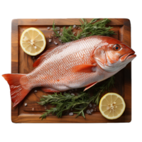 AI Generative fish on cutting wooden board  on transparent background , AI generative png