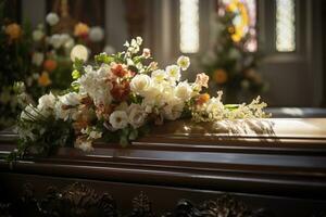 Beautiful flowers in a coffin at a funeral AI generated photo