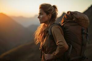 Beautiful woman hiker with backpack hiking in the mountains at sunset AI generated photo