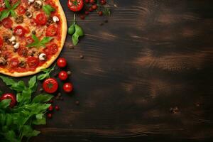 Pepperoni pizza on a Dark background. Top view with copy space. AI generated photo